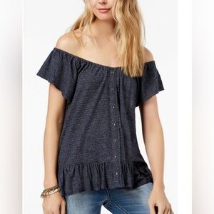 🔥 NEW Lucky Brand navy off the shoulder ruffle top Small
